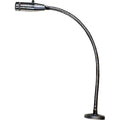 Black and silver cardioid gooseneck microphone with a round base and XLR connector