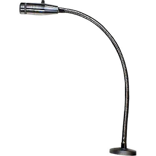 Black and silver cardioid gooseneck microphone with a round base and XLR connector