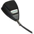 Black handheld microphone with a metal mesh grille, side switch, and a cable attached.