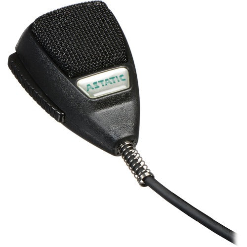 Black handheld microphone with a metal mesh grille, side switch, and a cable attached.