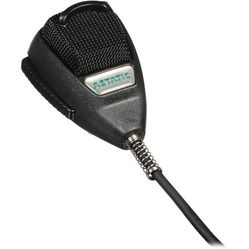 Black handheld microphone with wired cable and mesh grille showing ASTATIC label on front.