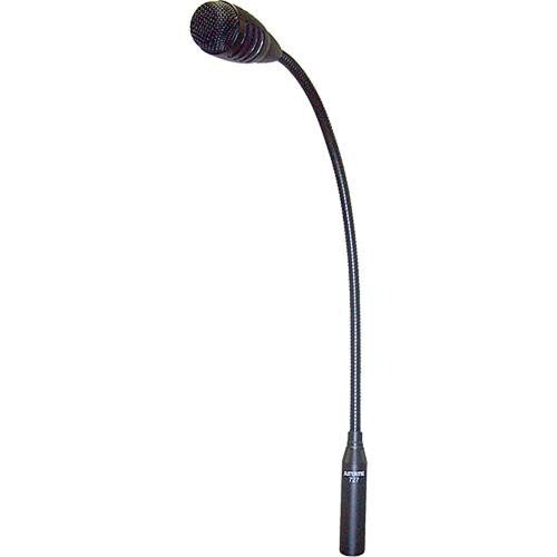 Black gooseneck microphone with metal mesh grille and XLR connector at the base.