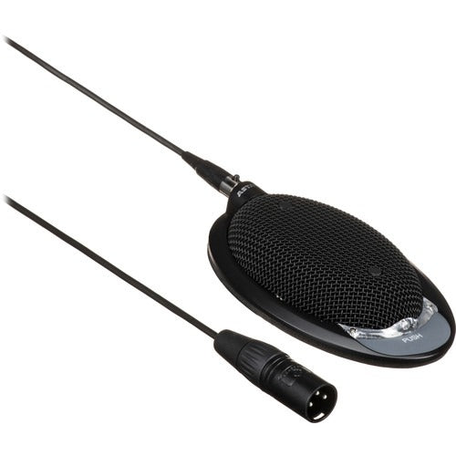 Black boundary microphone with metal grille and attached cable with 3-pin XLR male connector