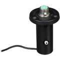Black microphone shock mount with wired connector and green button on top.