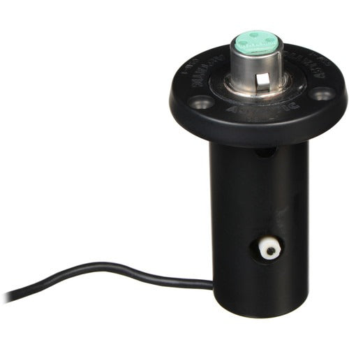 Black microphone shock mount with wired connector and green button on top.