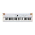 White and wood digital keyboard synthesizer with 88 keys, control knobs, buttons, and wheels on top panel.