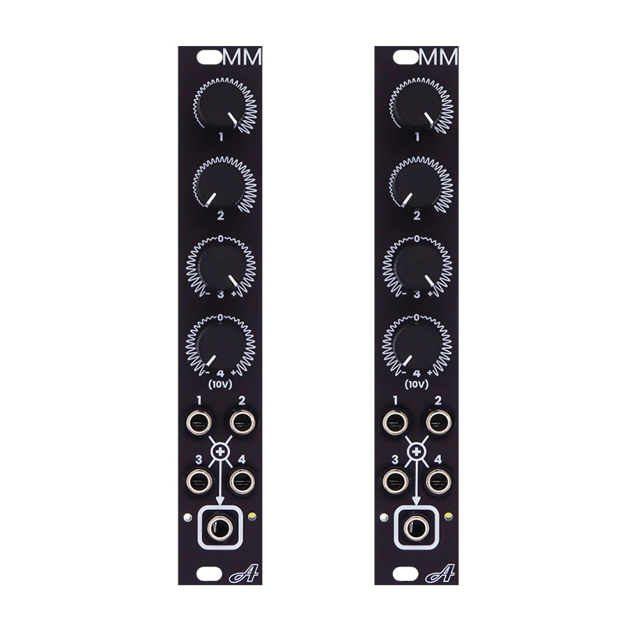 Two identical black eurorack modules each with four knobs, four jacks, a toggle switch, and white printed markings.