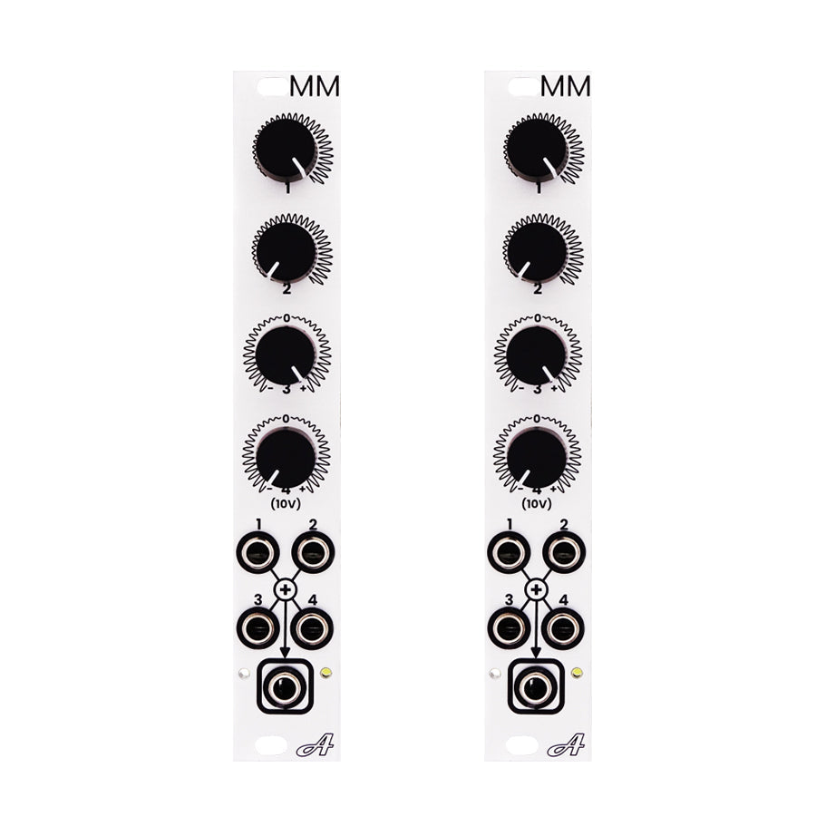 Two slim white eurorack modules each with four black rotary knobs and four 3.5mm jacks arranged in a square.