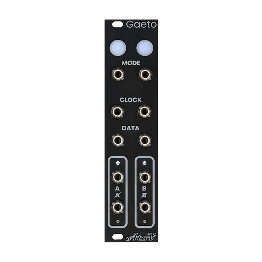 Black eurorack module with eight 3.5mm jacks, two white push buttons, and labeled sections Mode, Clock, Data, A and B.