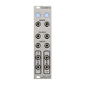 Silver electronic module panel with labeled jacks and two illuminated push buttons
