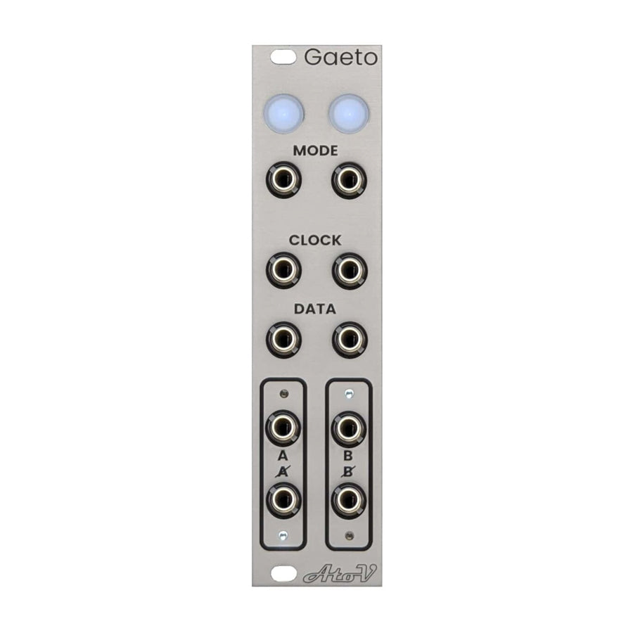Silver electronic module panel with labeled jacks and two illuminated push buttons