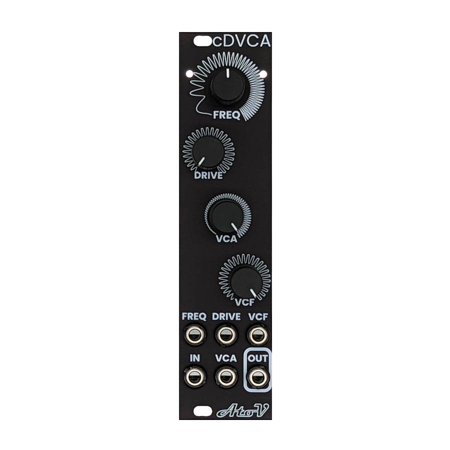 Black eurorack module with four rotary knobs and six 3.5mm input/output jacks labeled with audio control terms.