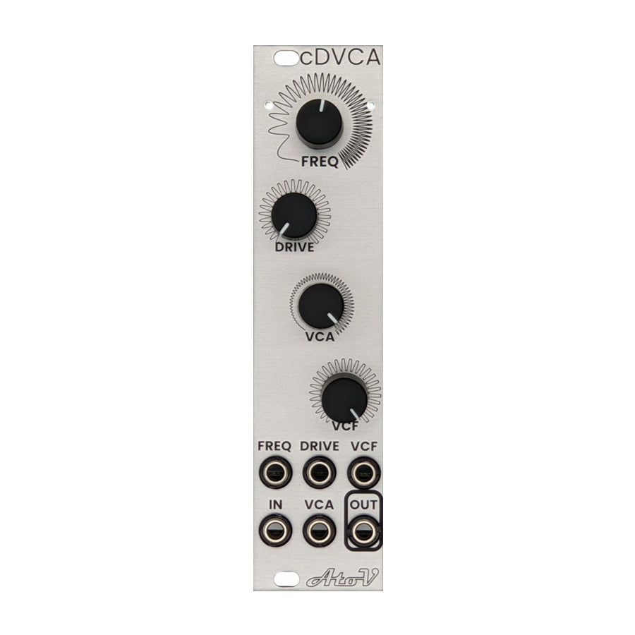 Silver eurorack module with four black knobs and eight 3.5mm audio jacks labeled with functions such as FREQ, DRIVE, VCA, and VCF.