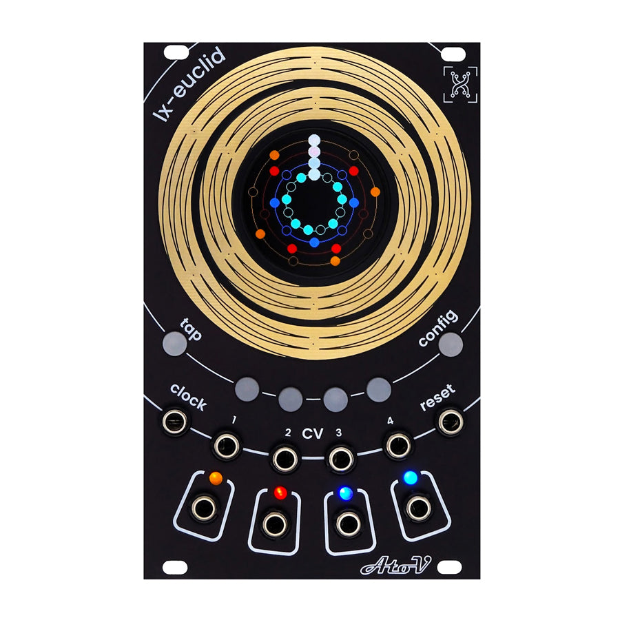 Eurorack module with multiple 3.5mm jacks, buttons, and colorful circular design on front panel.