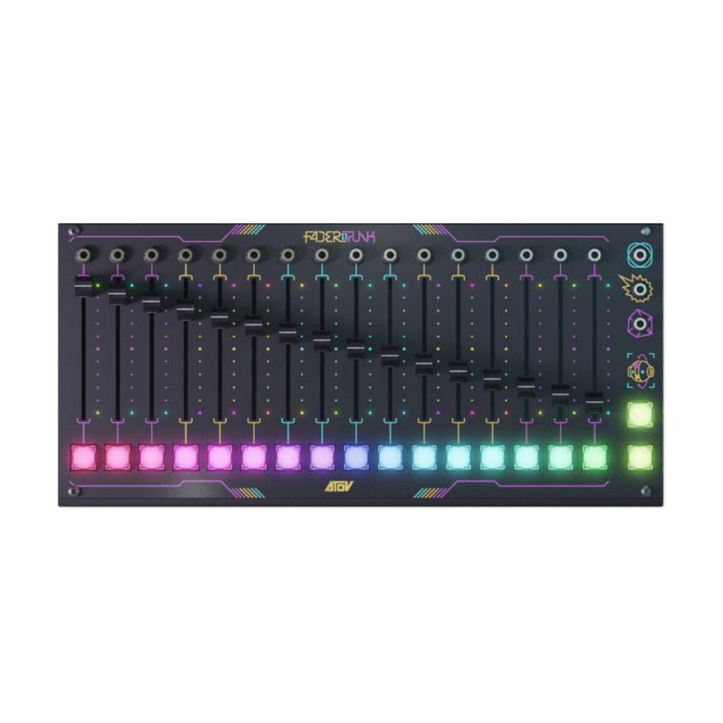 Black rectangular modular synthesizer module with 16 sliders, multiple 3.5mm jacks, and colorful illuminated buttons.