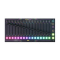 Black rectangular modular synthesizer module with 16 sliders, multiple 3.5mm jacks, and colorful illuminated buttons.