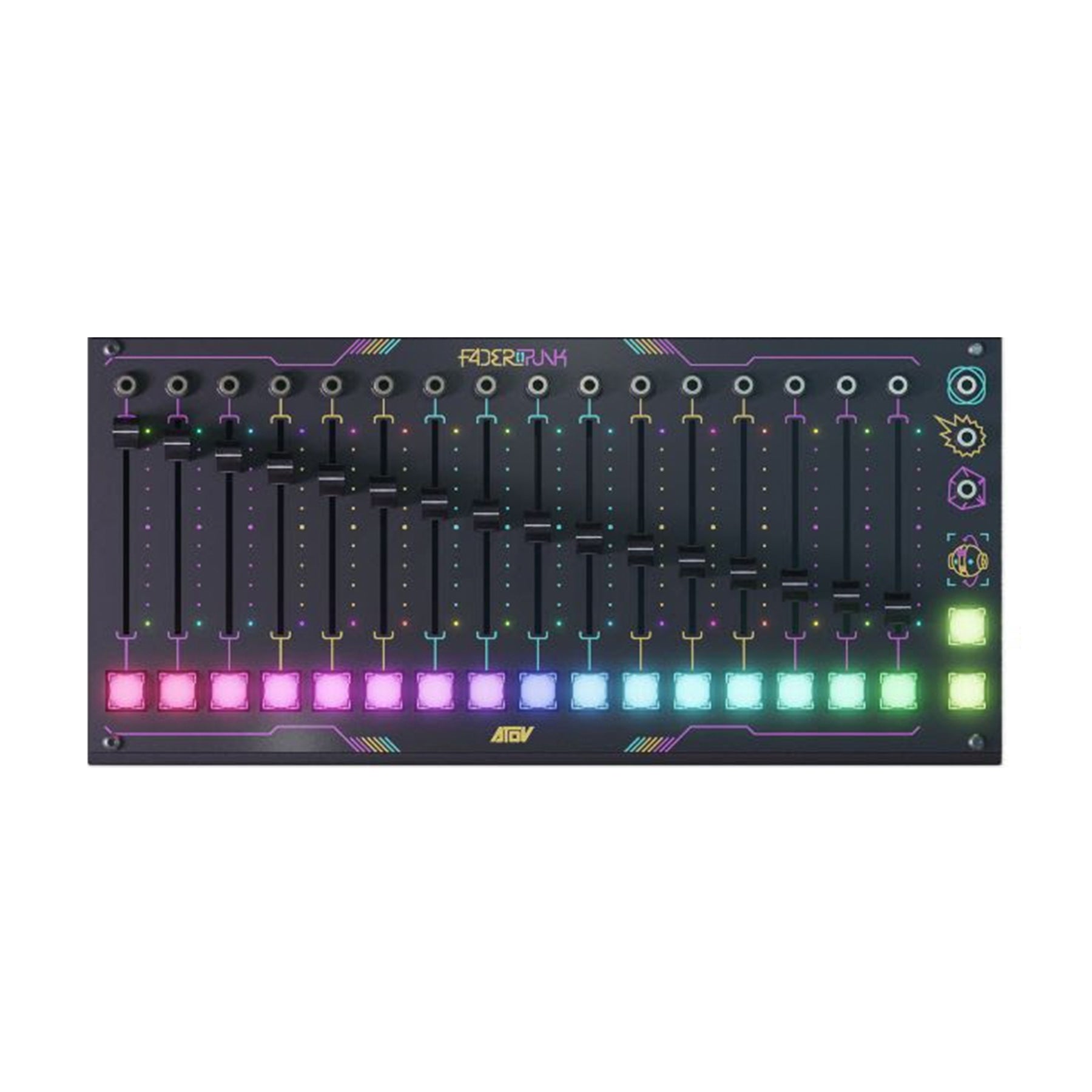 Black rectangular modular synthesizer module with 16 sliders, multiple 3.5mm jacks, and colorful illuminated buttons.