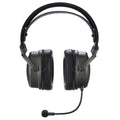 Black over-ear headphones with an attached flexible boom microphone shown from the front.