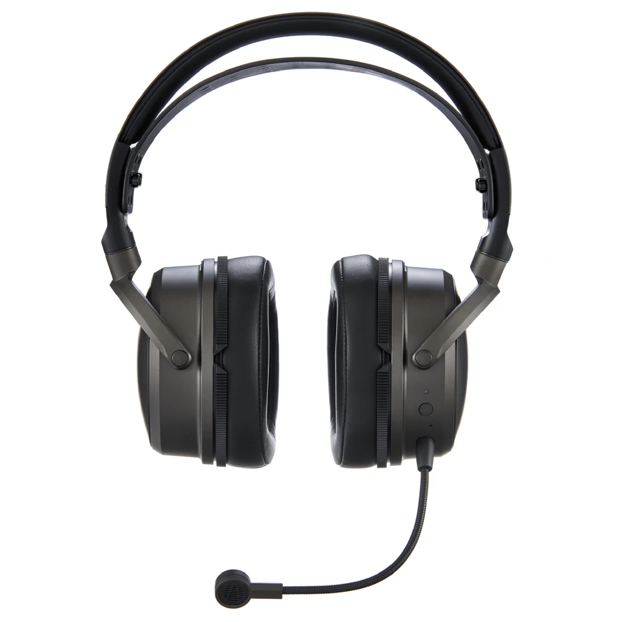 Black over-ear headphones with an attached flexible boom microphone shown from the front.