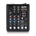 Top view of a black Alto Professional audio mixer with multiple input connectors, knobs, and LED indicators.