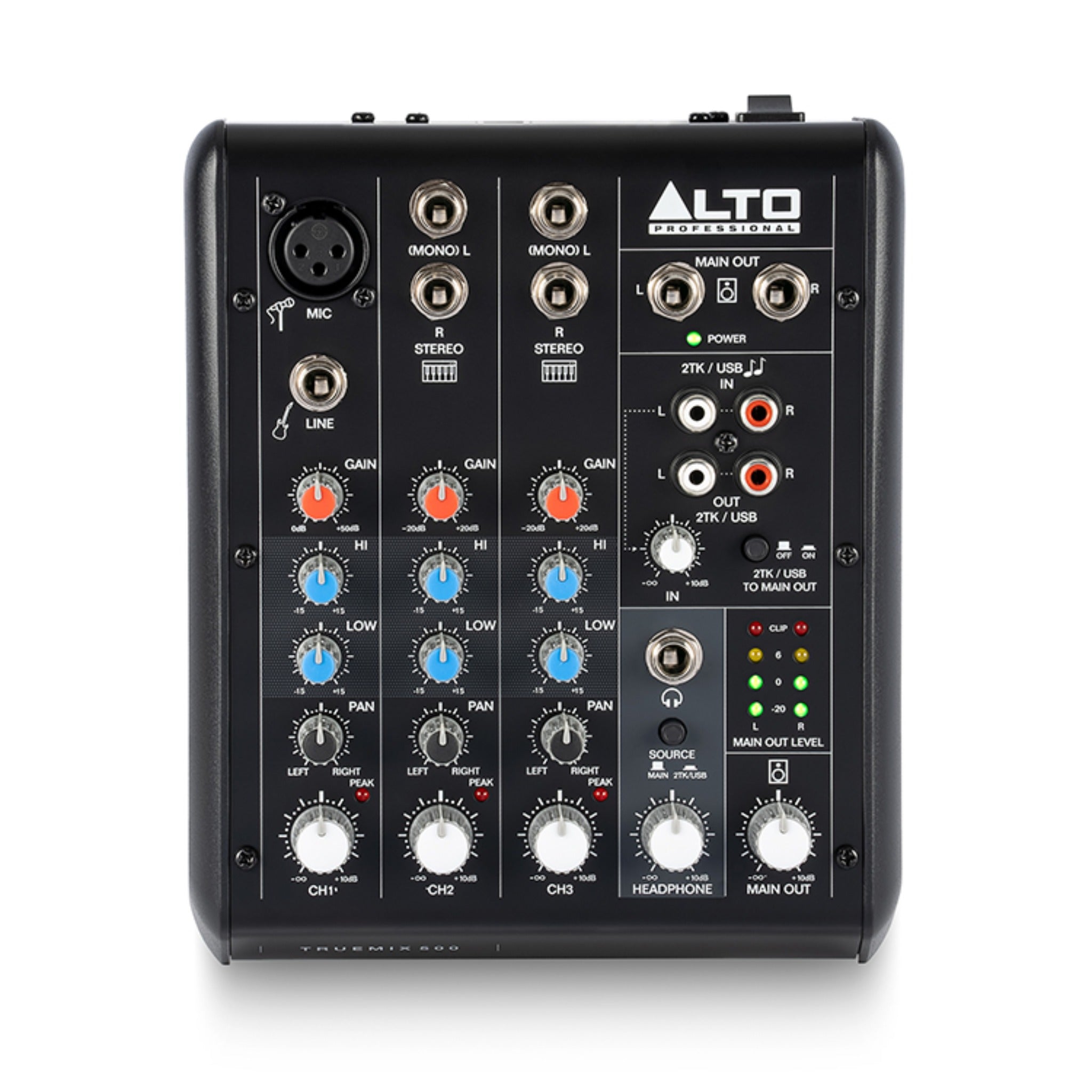 Top view of a black Alto Professional audio mixer with multiple input connectors, knobs, and LED indicators.