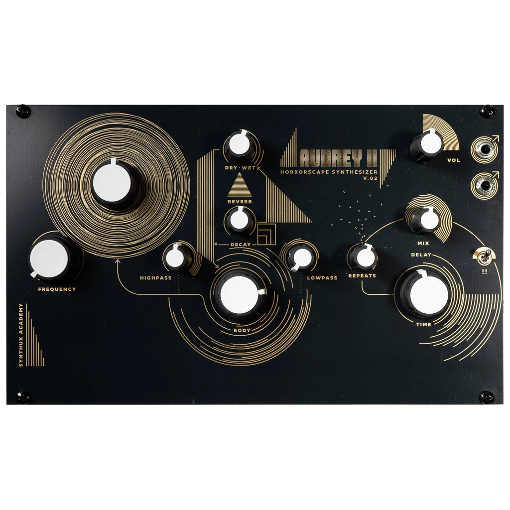 Black synthesizer module with white knobs, gold design, 1/4 inch jacks, and controls labeled for frequency, reverb, delay, and volume.