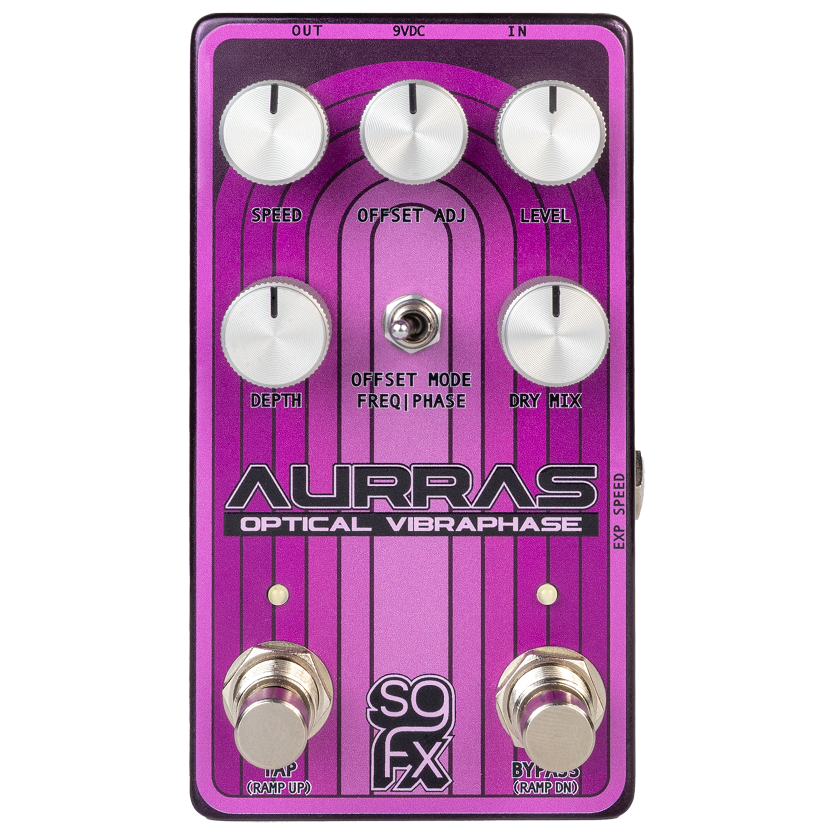 Purple guitar effects pedal with six knobs, two footswitches, a toggle switch, and labeled control text
