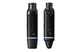 Two black wireless microphone units with numbered LED indicators and blue rings, shown front and angled sides.