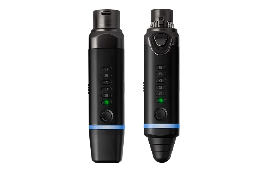 Two black wireless microphone units with numbered LED indicators and blue rings, shown front and angled sides.