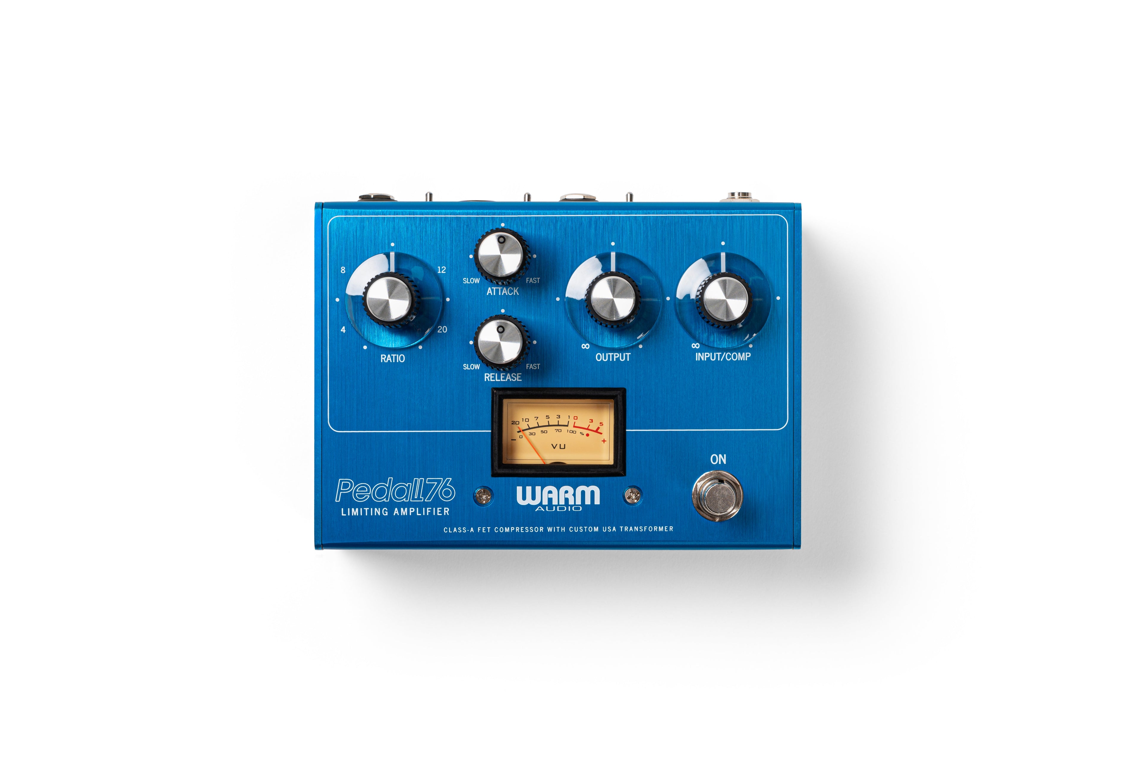 Blue audio limiting amplifier pedal with four knobs, a VU meter, and a footswitch on white background.