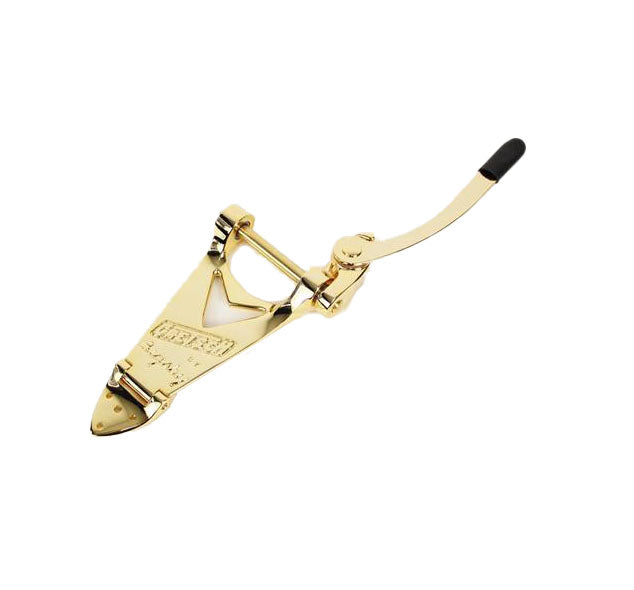 Gold-colored metal tailpiece with a handle and black grip on handle end on white background.