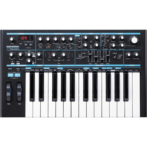 Black Novation Bass Station II monophonic synthesizer with keyboard, knobs, sliders, and display.