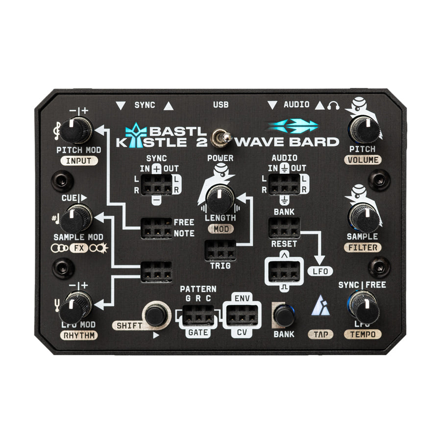 Top view of Bastl Kastle 2 Wave Bard module with knobs, toggle switch, buttons, and multiple labeled connectors