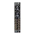 Front view of a black eurorack module with four rotary knobs and multiple 1/4 inch jacks labeled A, B, C, and D.