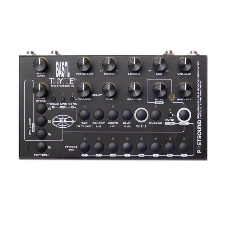 Top view of Bastl Instruments Thyme+ delay pedal with multiple knobs, buttons, and jacks