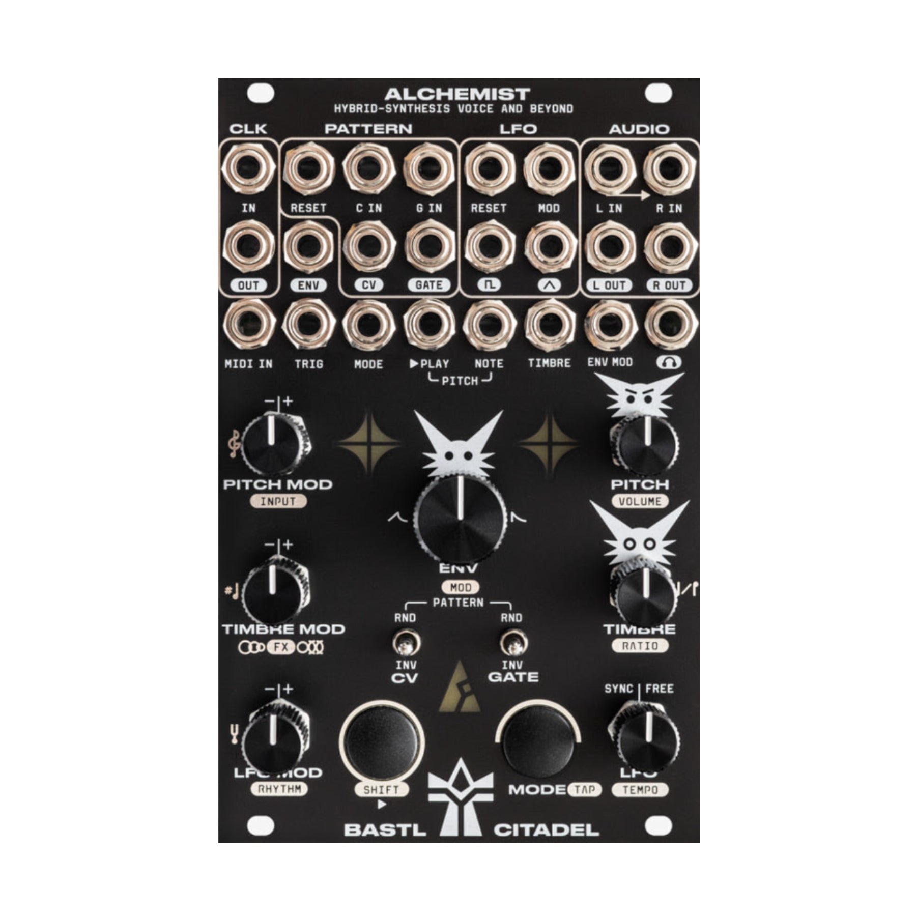 Black Eurorack module with multiple knobs, toggle switches, and 3.5 mm jacks labeled Alchemist Citadel by Bastl Instruments.