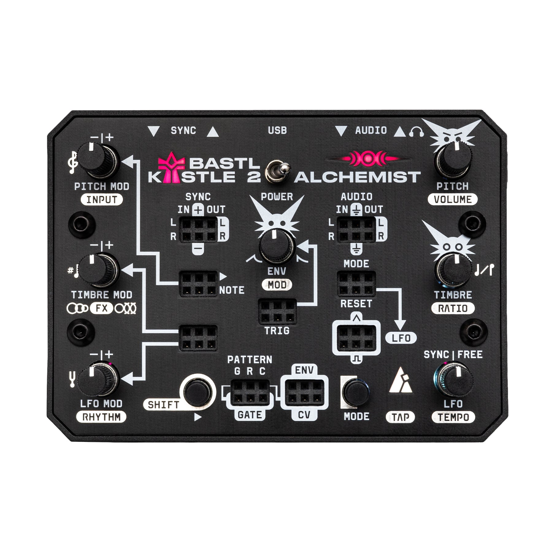 Top view of a black Bastl Kastle 2 Alchemist synthesizer module with knobs, toggle switch, push button, and multiple sockets.