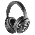 Grey over-ear headphones with perforated ear cups and a padded headband shown from an angled front view.