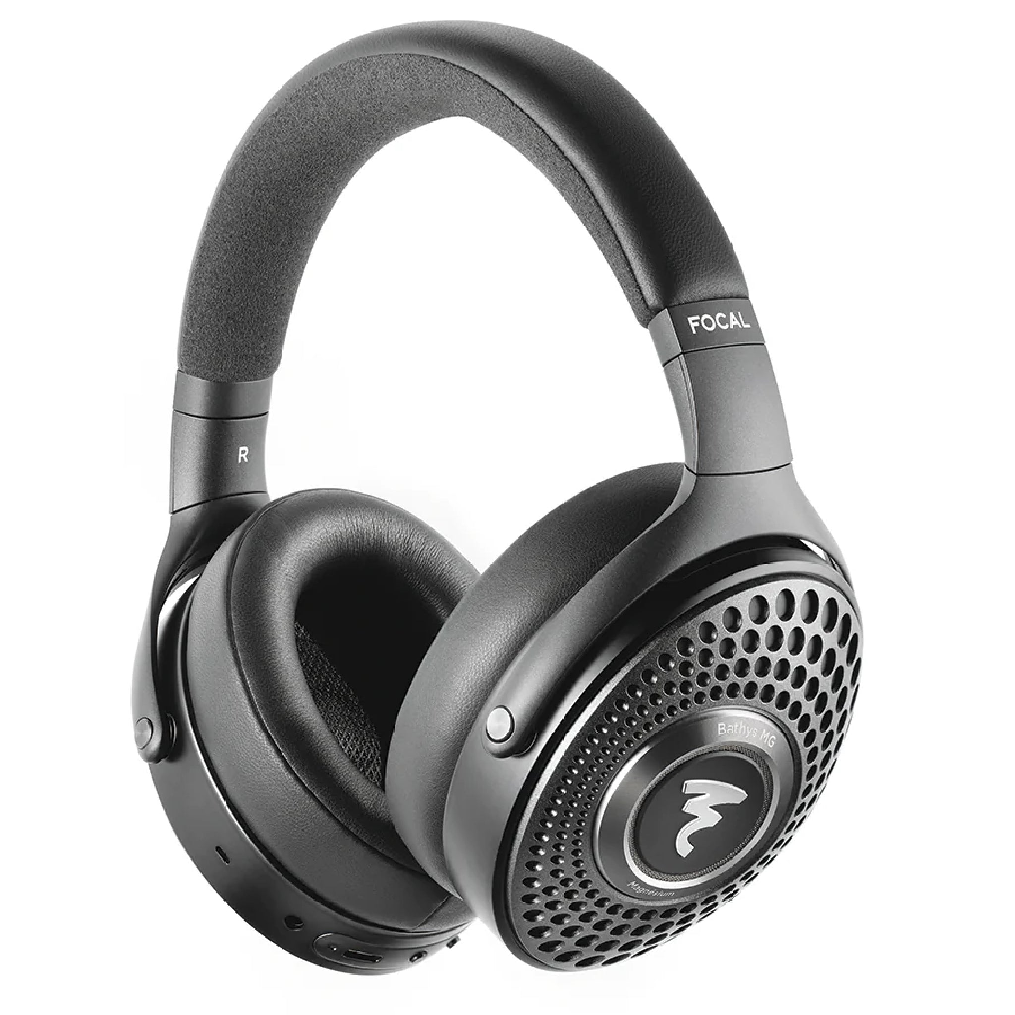 Grey over-ear headphones with perforated ear cups and a padded headband shown from an angled front view.