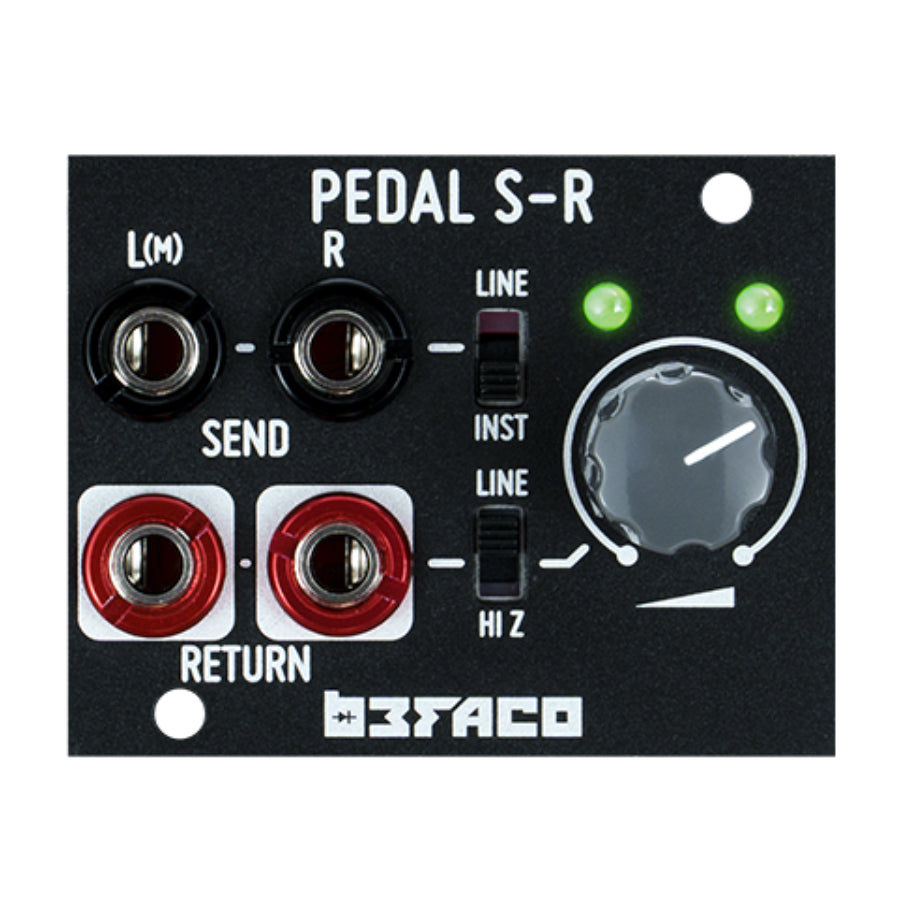 Black audio module with four 1/4 inch jacks, two toggle switches, and a large rotary knob with two green indicators.