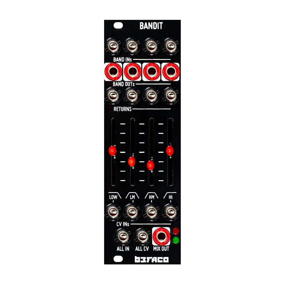 Black Eurorack module with multiple 3.5mm jacks and four vertical sliders with red knobs