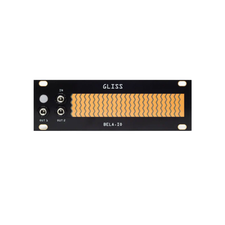 Black eurorack module with orange zigzag pattern, one button, and four 3.5mm jacks labeled IN, OUT 1, and OUT 2.