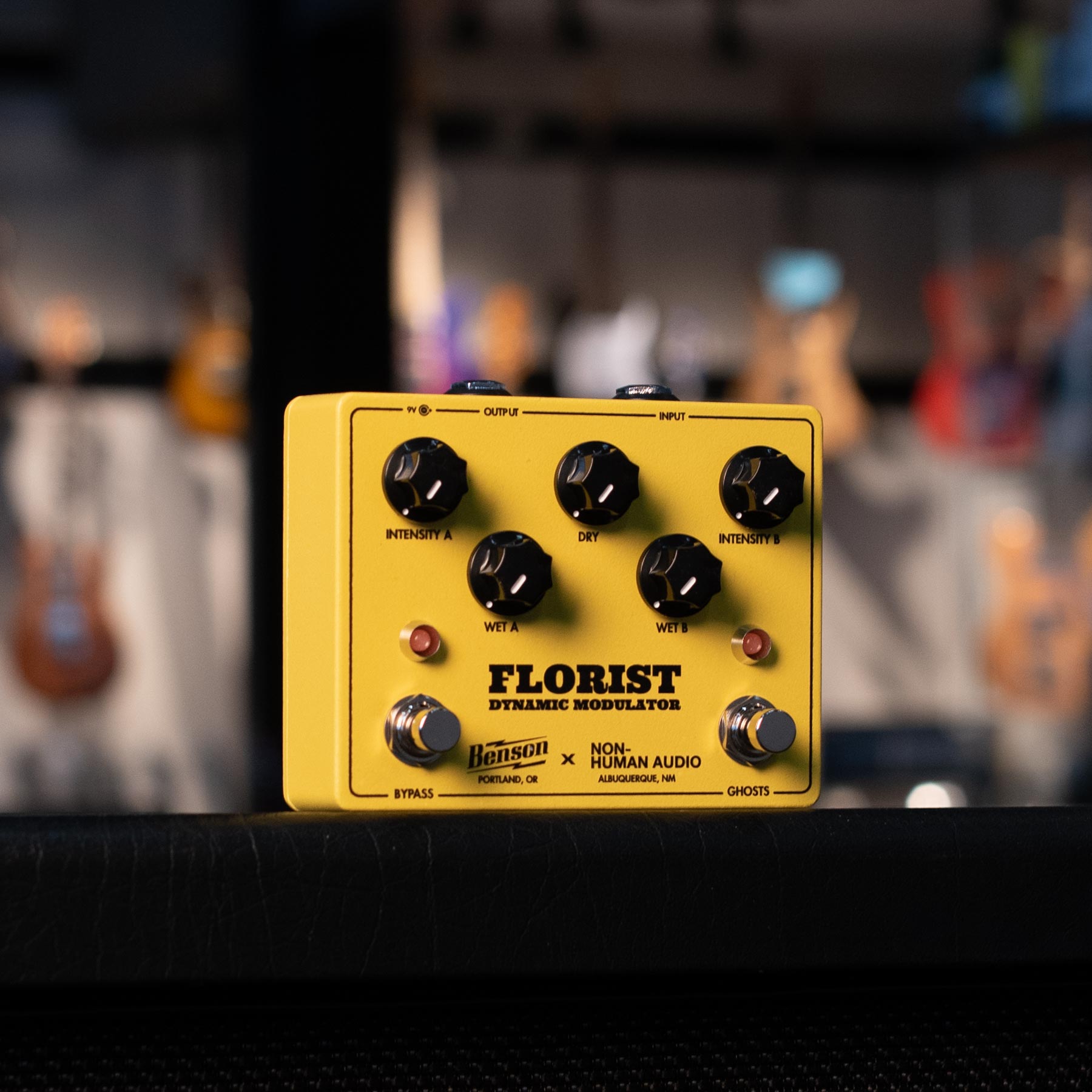 Yellow guitar effects pedal with six black knobs and two footswitches labeled Florist Dynamic Modulator.