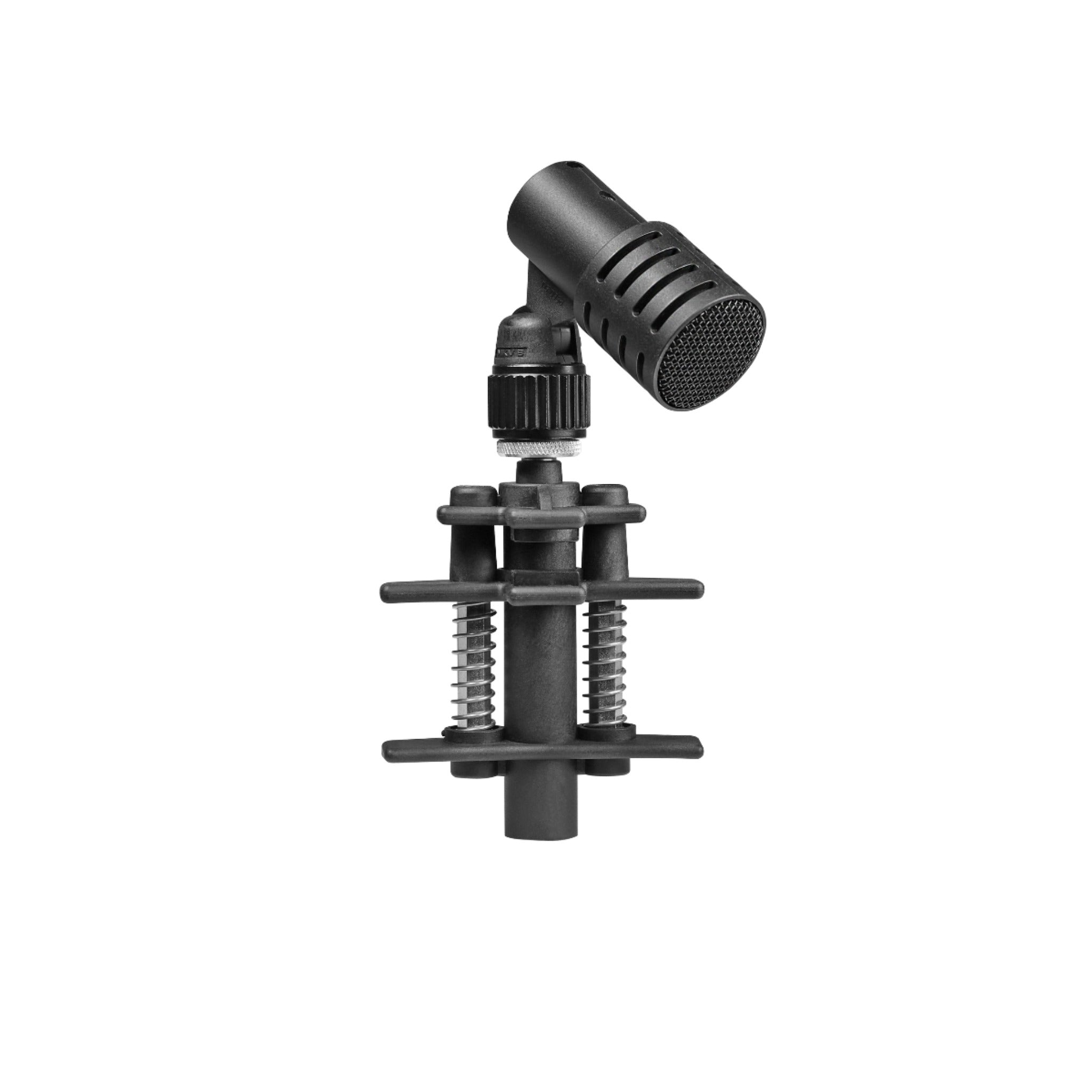 Black microphone with a shock mount and 3-pin connector shown on white background.