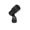 Black small microphone capsule with grill and adjustable mount on a white background.