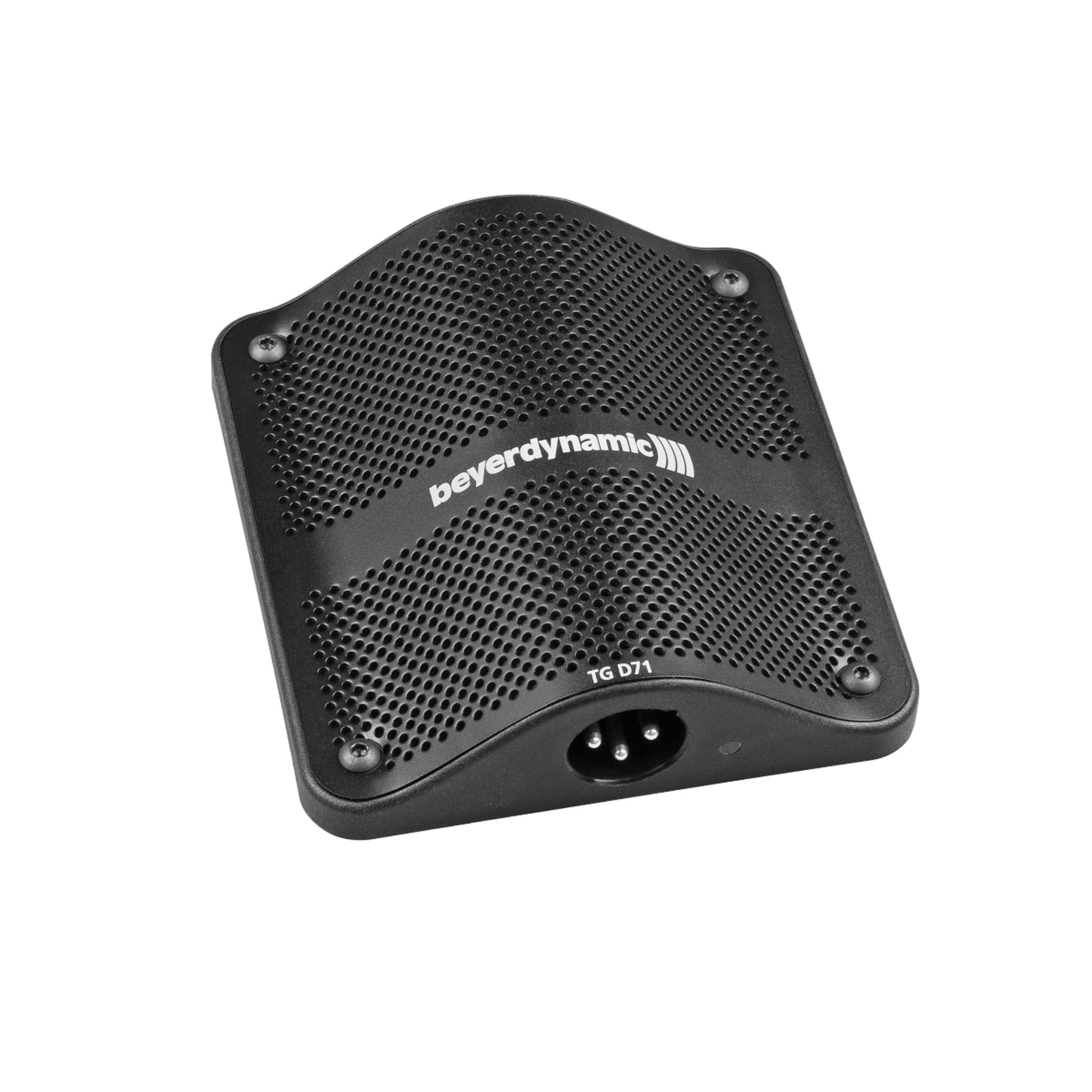 Black square microphone grille with 'beyerdynamic' branding and 3-pin XLR connector