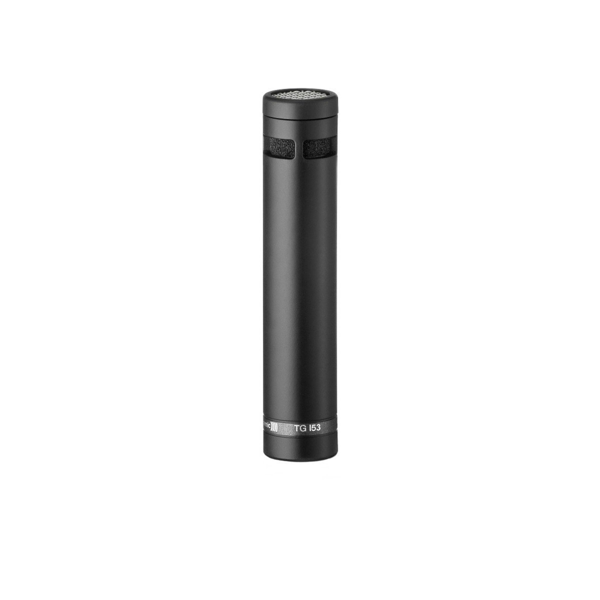 Black cylindrical microphone with mesh head and label TG I53 near the bottom.