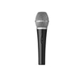 Handheld microphone with black body, silver mesh grille, and on/off switch on the front.
