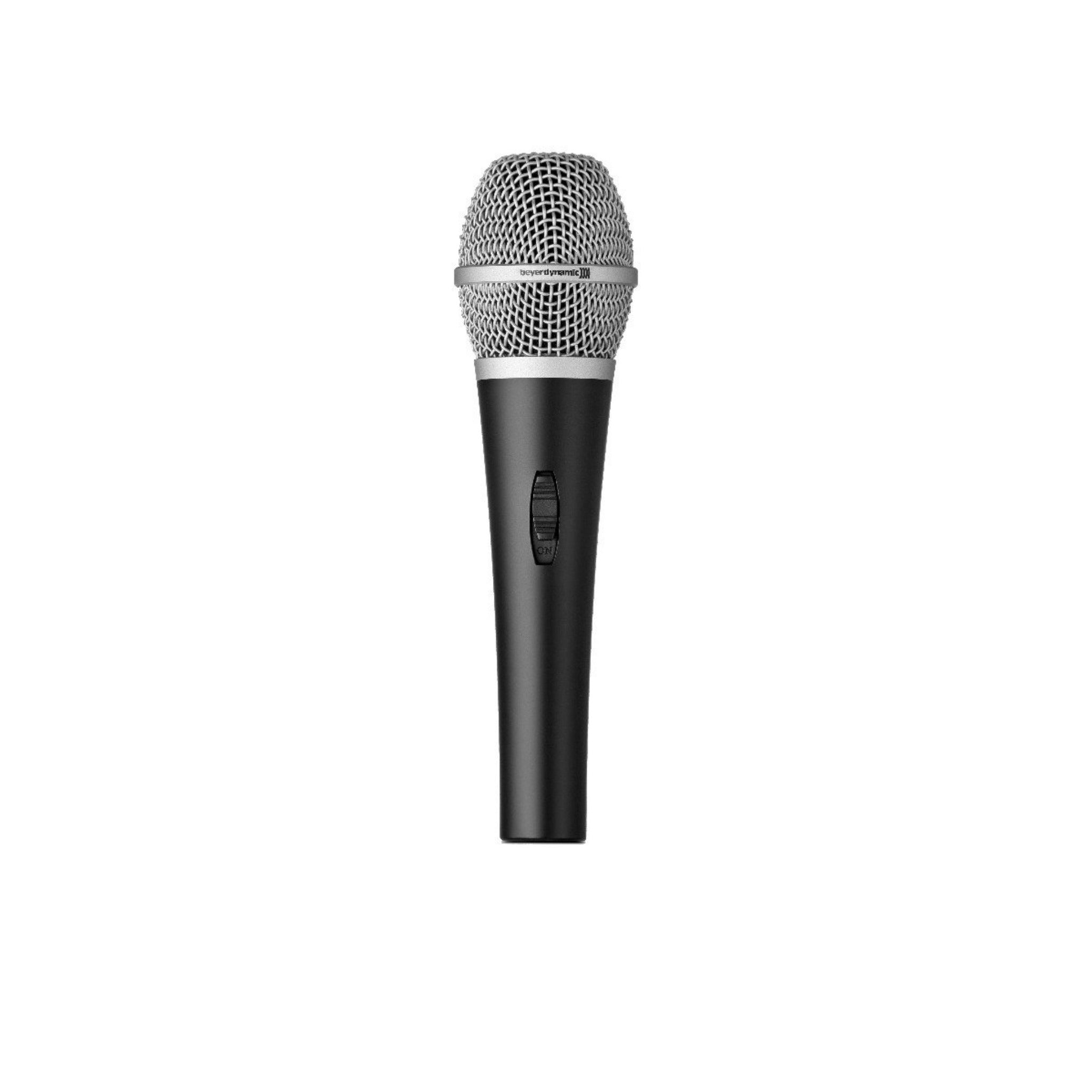 Handheld microphone with black body, silver mesh grille, and on/off switch on the front.