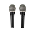 Front and back views of two black and silver handheld microphones with mesh heads and slider switches.